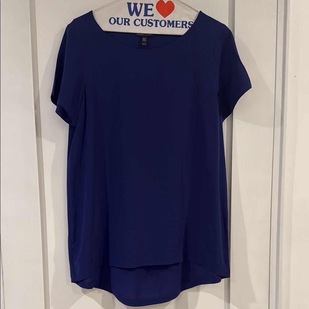 NWTz Eileen Fisher Round Hen Crew Neck Silk Short Sleeve Blouse. X-Small. Blue.